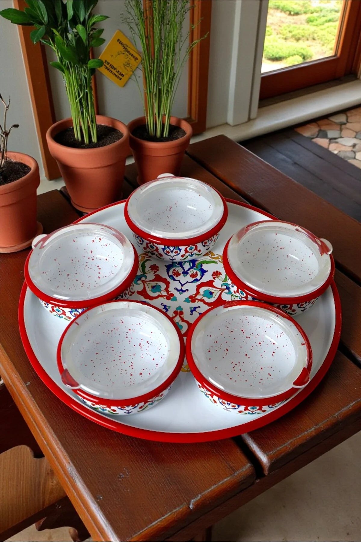 6 Parça Orta Boy,kapaklı,Desenli Emaye Kahvaltı Seti,Sunum,Kahvaltı Tabağı, Reçellik,Zeytin