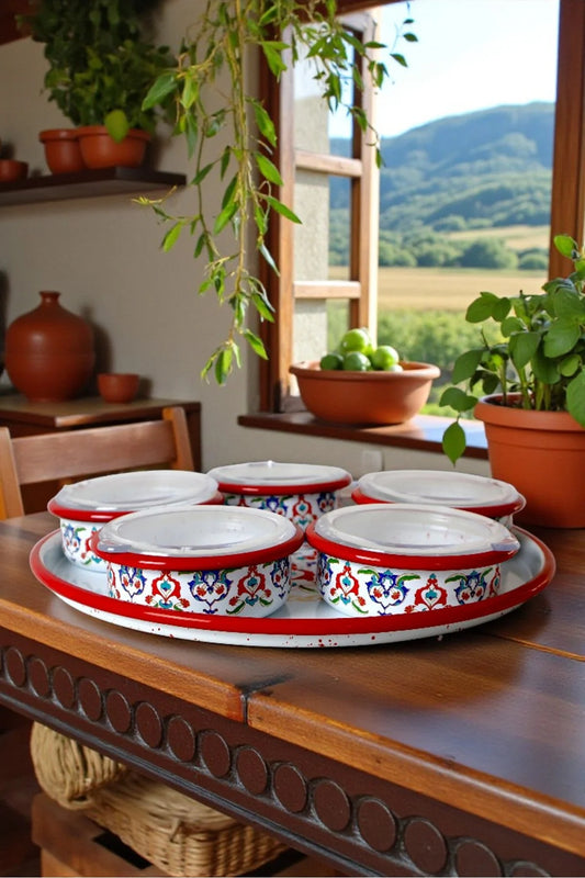 6 Parça Orta Boy,kapaklı,Desenli Emaye Kahvaltı Seti,Sunum,Kahvaltı Tabağı, Reçellik,Zeytin
